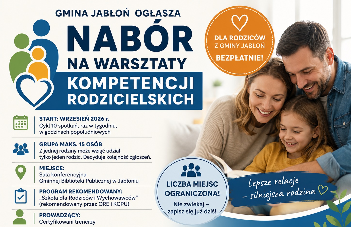 Rusza nabór na bezpłatne warsztaty kompetencji rodzicielskich dla mieszkańców Gminy Jabłoń